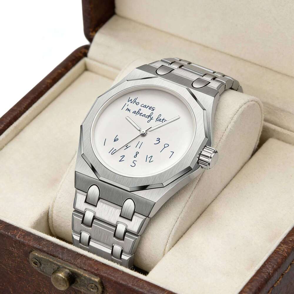 Minimalism Octagon Case Men Stainless Steel Band Waterproof Wristwatch "Who Cares I'm Already Late" Fun Slogan Dial Watch 26Y0610