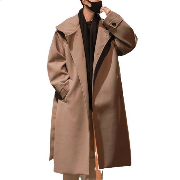 Mens standing collar wool trench coat mens side button casual loose Korean high-end winter thick elegant fashion coat 241211