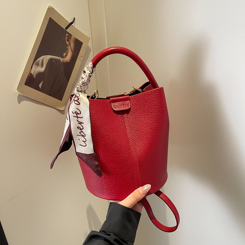 Brown Faux Leather Bucket Bag With Top Handle And Detachable Strap Includes Silk Scarf Accent - view 4