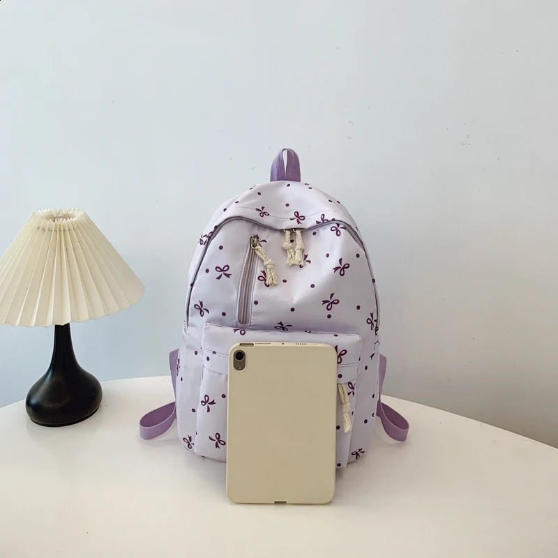 Back To School Season Playful Bow Print Backpack Quilted MultiPocket Adjustable Straps Large Capacity for Daily Use y260615 - view 4