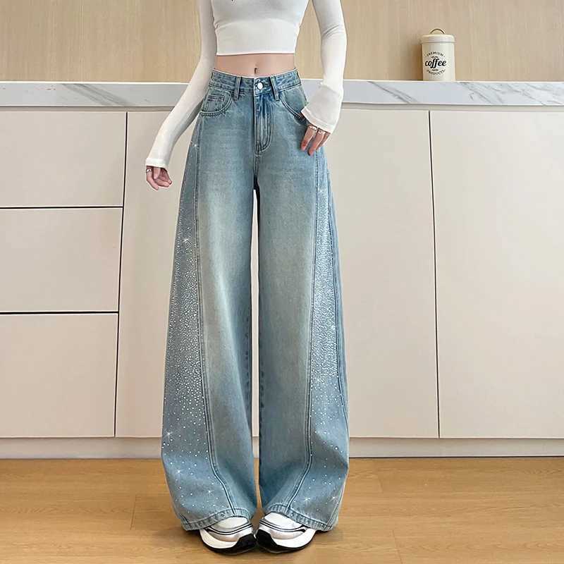 Waist High 2026 Wide New Leg Jeans For Women Vintage Wash Denim Pants with Rhinestone Side Straight Leg Baggy Trousers Casual M260609 - view 4