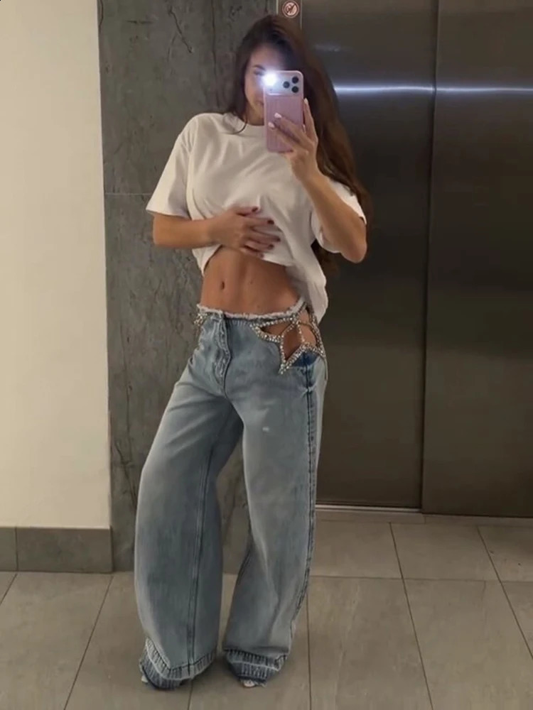 Chic Rhinestone Fringed Hollow Jeans Women Low Waist Wide Legs All-matching Denim Pants Female 2026 Spring Summer Lady Bottoms 260610 - view 5