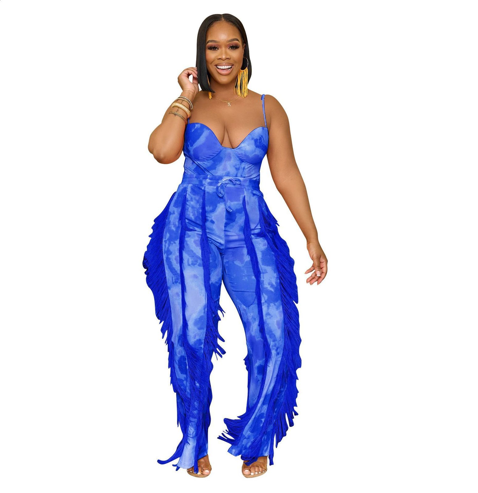 AL247 Womens Outfit Printed Tassel Lace Strap Jumpsuit Two-Piece Set with Slight Flare 241007