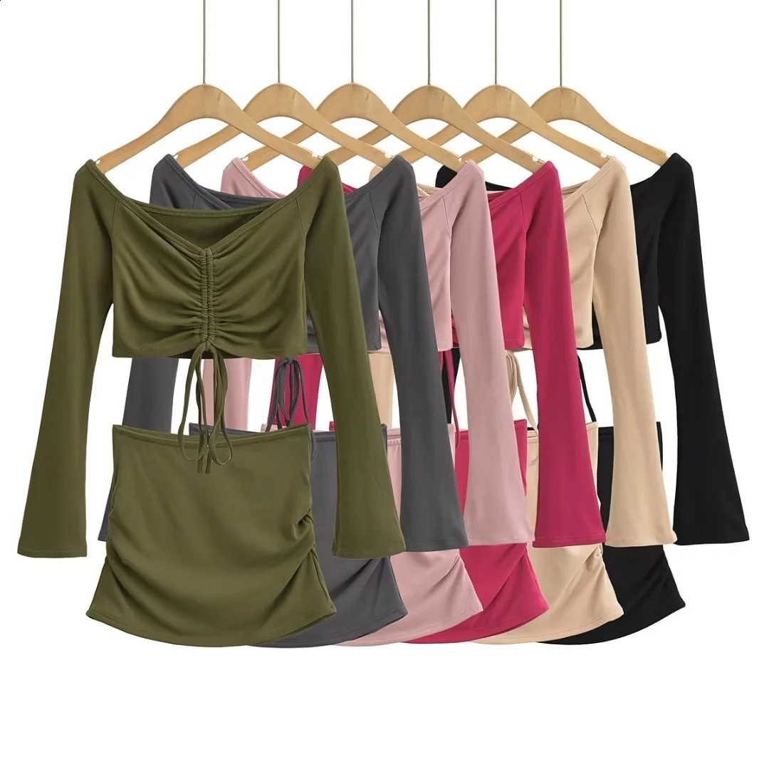 Hugcitar Women Matching 2 Piece Set Long Sleeve Drawstring Ruched Crop Top Mini Skirt Suit Co Ords Outfits Bodycon Sexy Party 250519