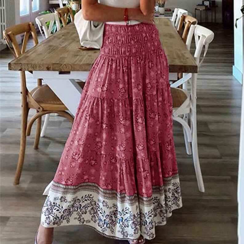 Fashion Women Beach Bohemian Pink Floral Print Skirt High Elastic Waist A-Line Boho Rayon Maxi Skirts Femme 240806