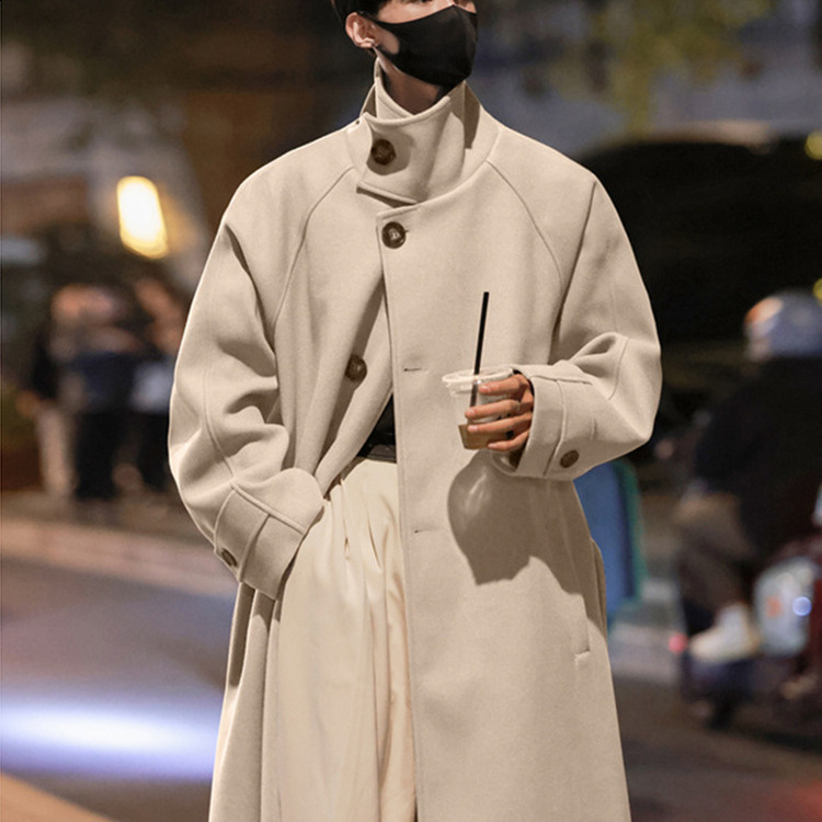 Mens standing collar wool trench coat mens side button casual loose Korean high-end winter thick elegant fashion coat 241211