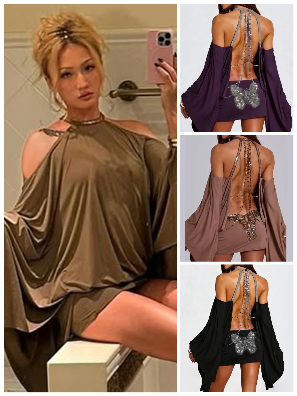 Casual Dresses Fashion Backless Off Shoulder Maxi Dress Cold-Shoulder Drape-Sleeve Chain Decoration Open-Back Skirt Luxury Sexy High-End