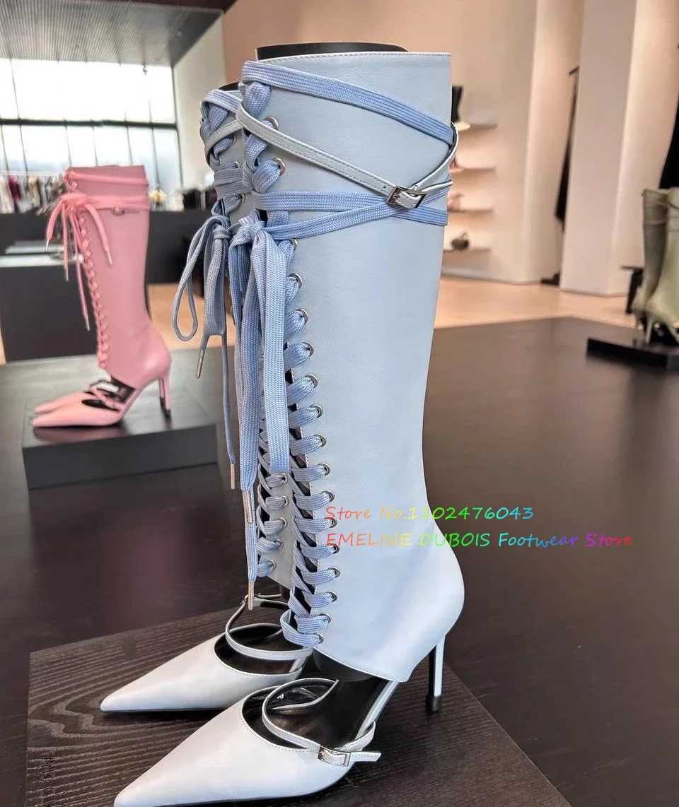 Up Toe Lace White Pointed Knee High Boot Women Summer New Sexy Hollow Strap Stiletto Heel Front Cross Tied Sandals H260609 - view 5