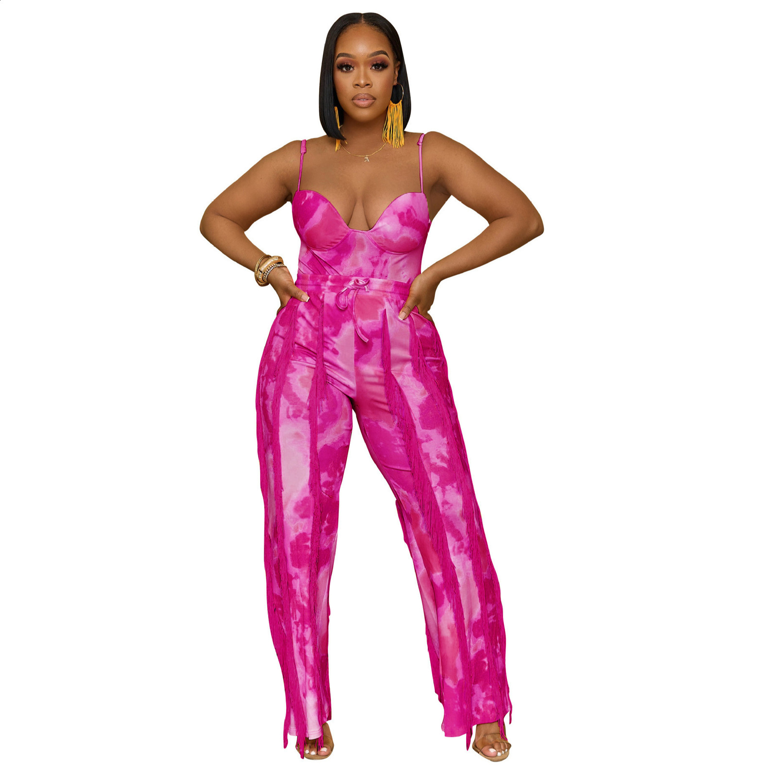 AL247 Womens Outfit Printed Tassel Lace Strap Jumpsuit Two-Piece Set with Slight Flare 241007