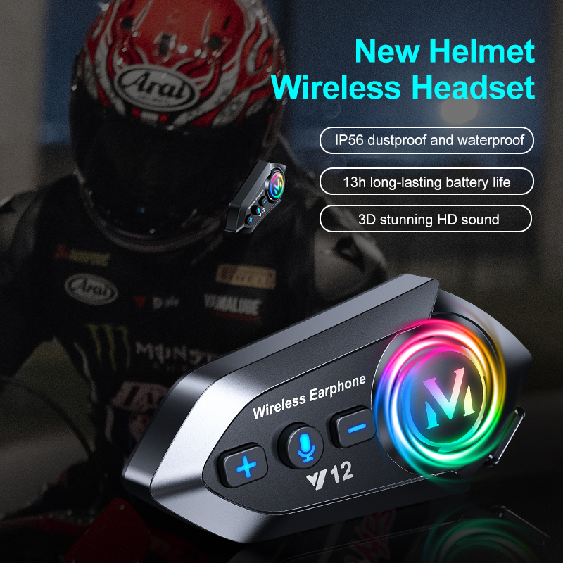 Motorcycle Helmet Bluetooth Headset 2 Way Intercom Bluetooth 5.4 Speakers 3D HD Sound Noise Cancellation IP56 Dustproof and Waterproof 13H Battery Lif