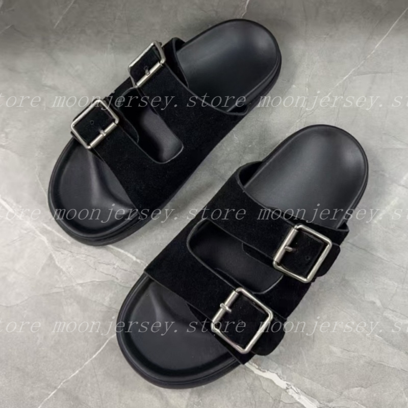 New Double-Buckle Flat Slide Sandals Canvas & Suede Slip-On Mules with Metal Square Buckle for Women's Summer Daily & Beach Wear