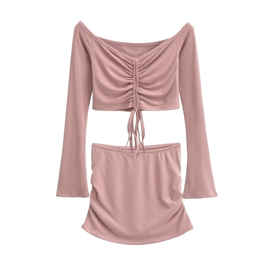 Hugcitar Women Matching 2 Piece Set Long Sleeve Drawstring Ruched Crop Top Mini Skirt Suit Co Ords Outfits Bodycon Sexy Party 250519