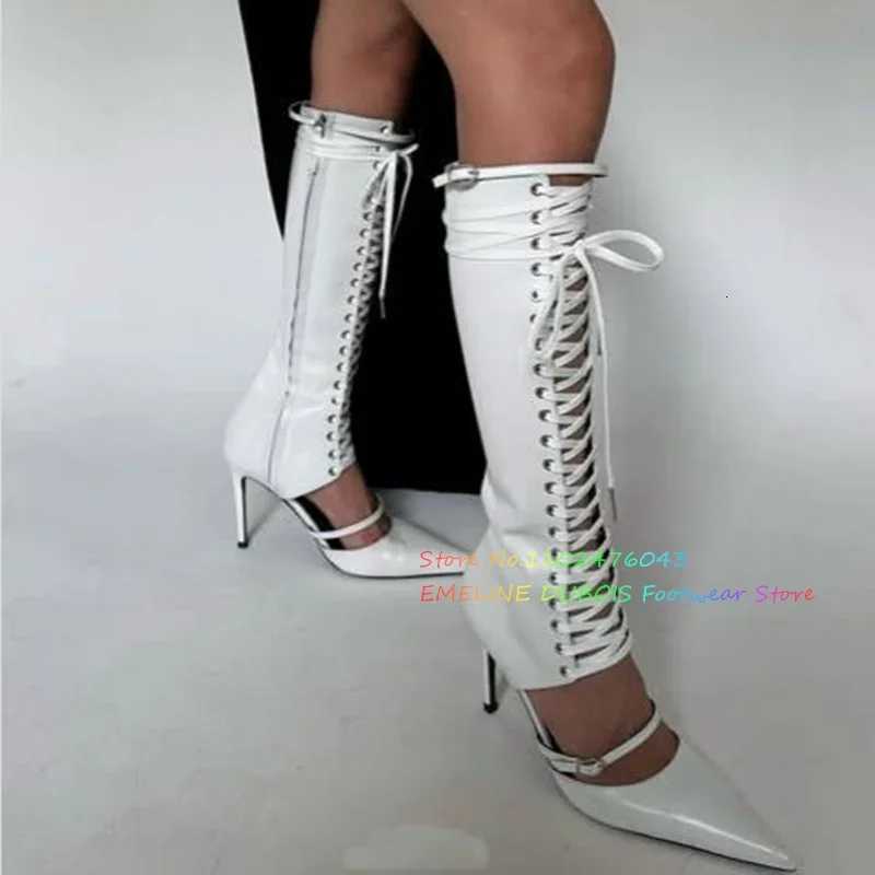 Up Toe Lace White Pointed Knee High Boot Women Summer New Sexy Hollow Strap Stiletto Heel Front Cross Tied Sandals H260609 - view 3