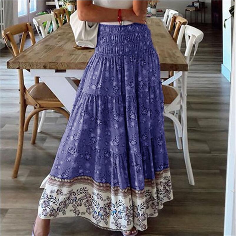 Fashion Women Beach Bohemian Pink Floral Print Skirt High Elastic Waist A-Line Boho Rayon Maxi Skirts Femme 240806