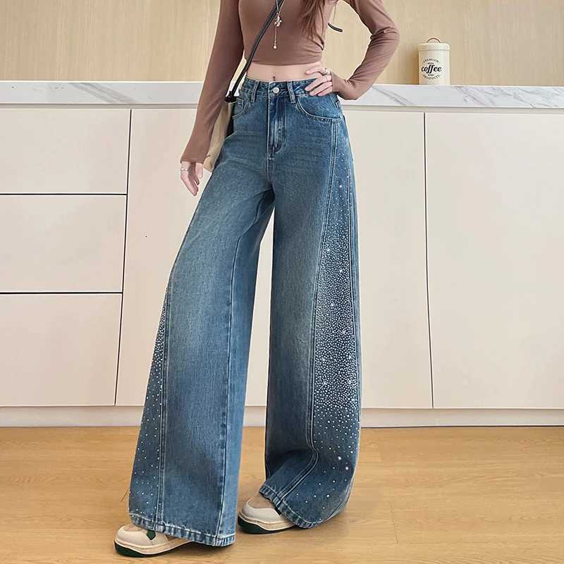 Waist High 2026 Wide New Leg Jeans For Women Vintage Wash Denim Pants with Rhinestone Side Straight Leg Baggy Trousers Casual M260609 - view 7