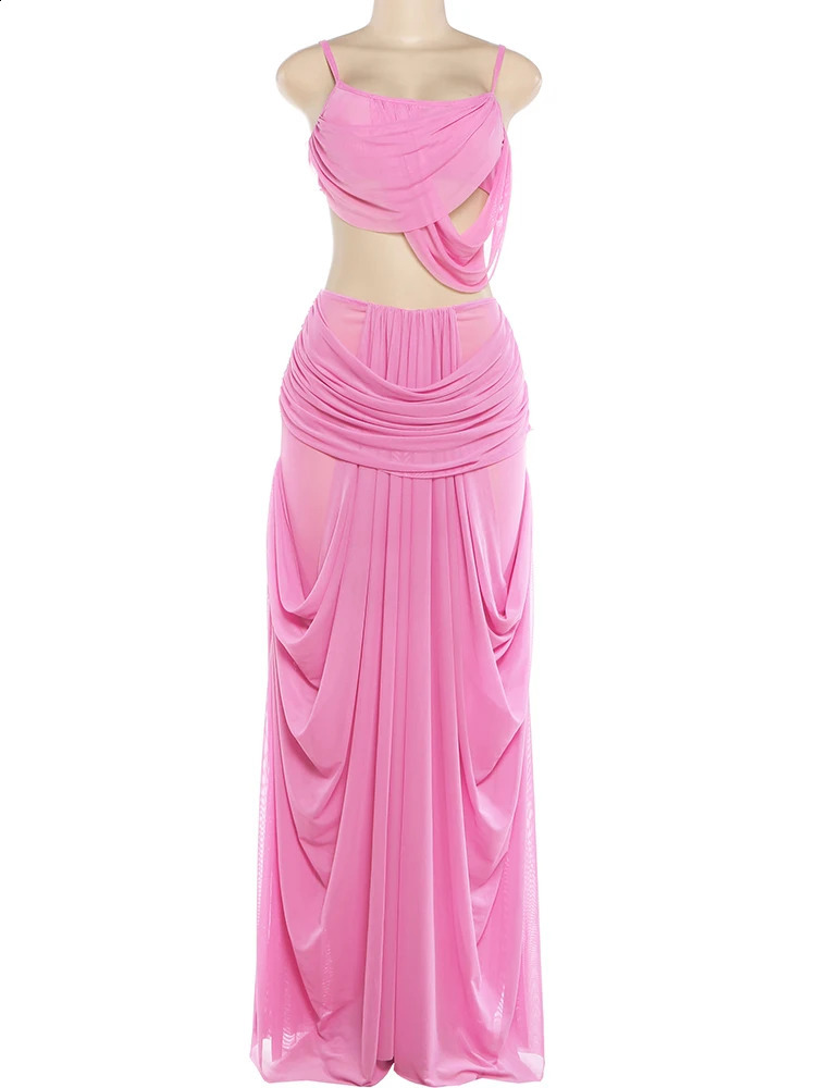 Nibber Sweet Ruched 2 Piece Set Woman LowNeck Backless Camisole TopsElastic Waist Long Skirts Midnight Elegant Party Outfits 260625 - view 7