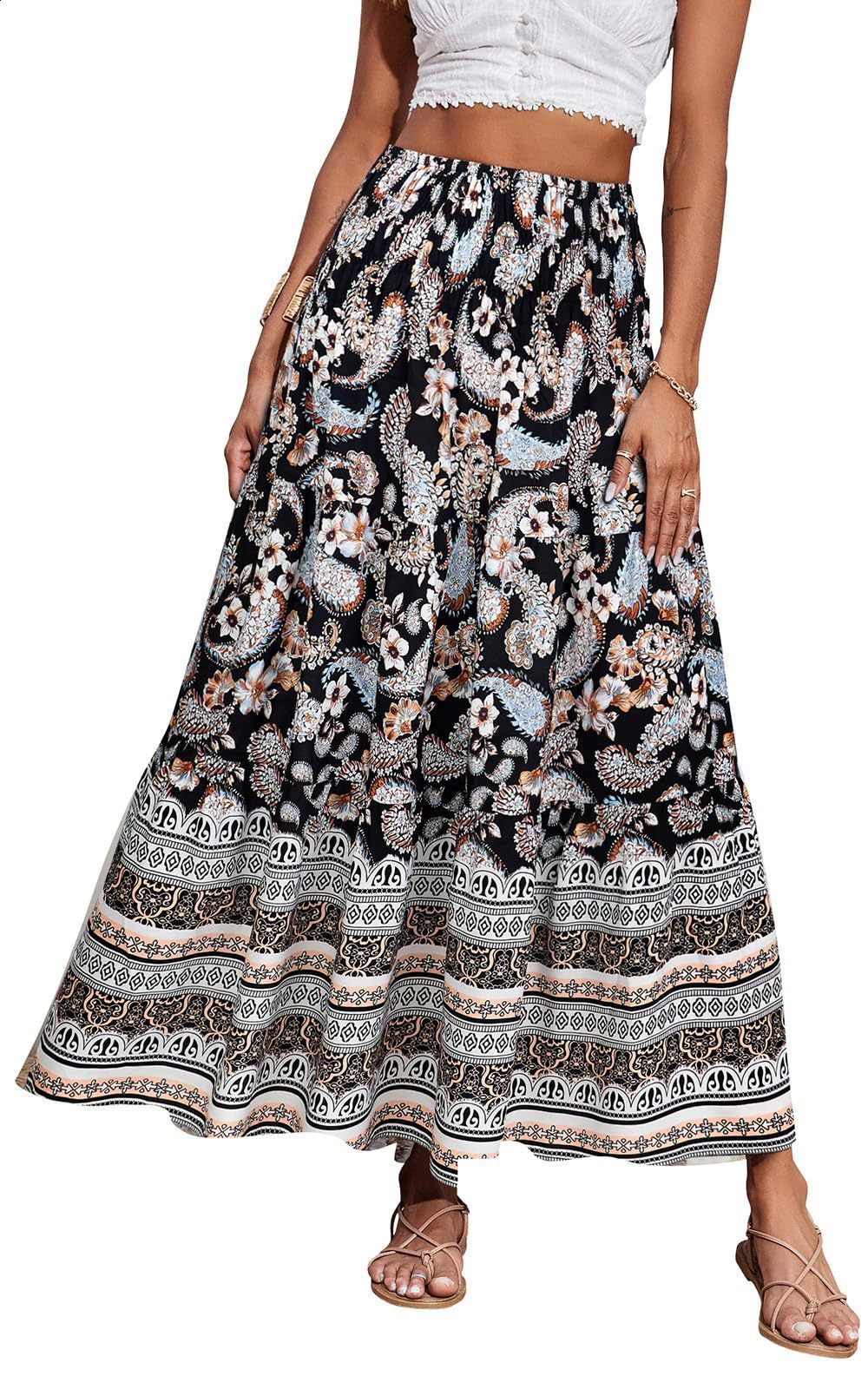 Fashion Women Beach Bohemian Pink Floral Print Skirt High Elastic Waist A-Line Boho Rayon Maxi Skirts Femme 240806