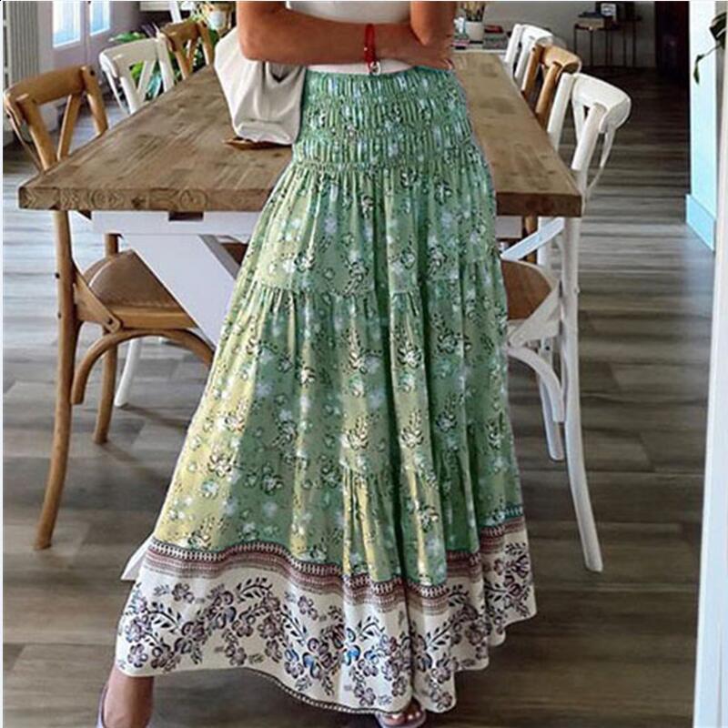 Fashion Women Beach Bohemian Pink Floral Print Skirt High Elastic Waist A-Line Boho Rayon Maxi Skirts Femme 240806