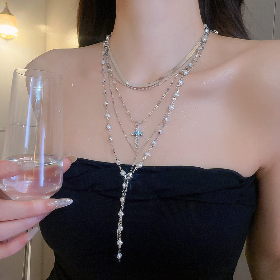 European American cross-border cross pendant multi-layer pearl necklace, unique design, niche clavicle chain, sweet and cool style, versatile choker - view 4