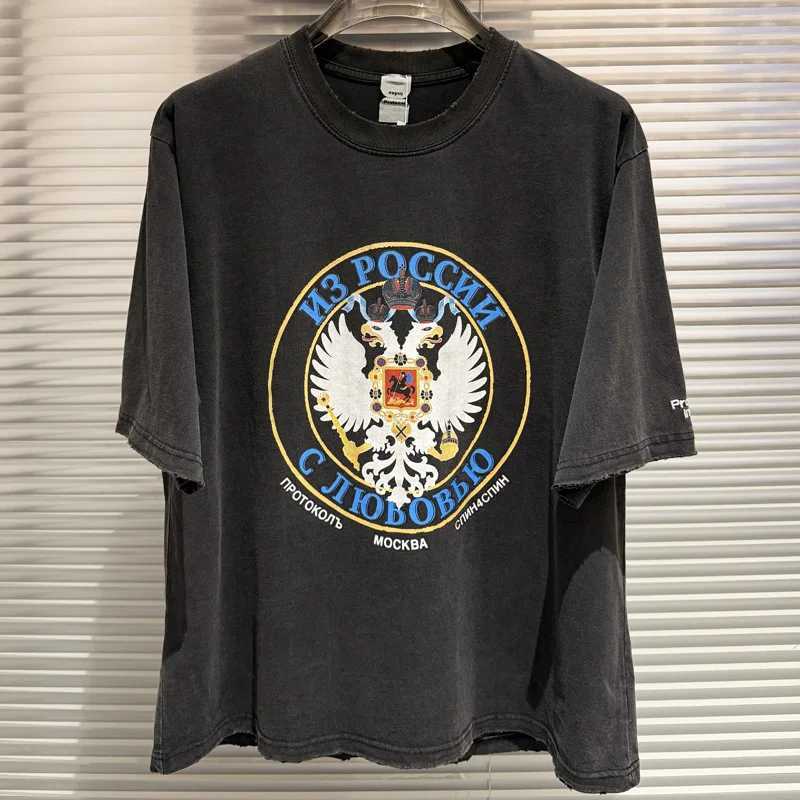 Retro Washed Black Protocol T-shirt Mens Womens American Style Street Hip Hop Letter Print Short Sleeved C260610 - view 4