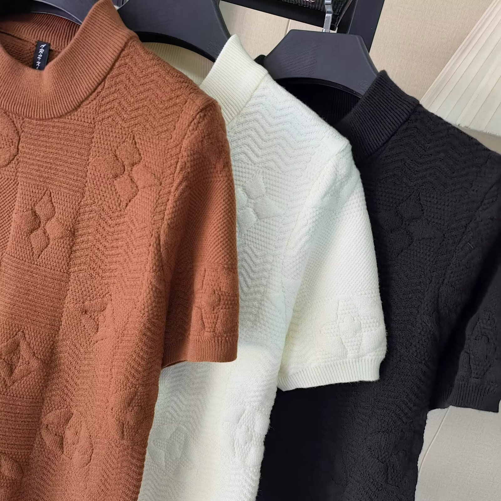 Men'S Summer Round Neck Slim Jacquard Half Sleeve Knit Solid Color Jacket