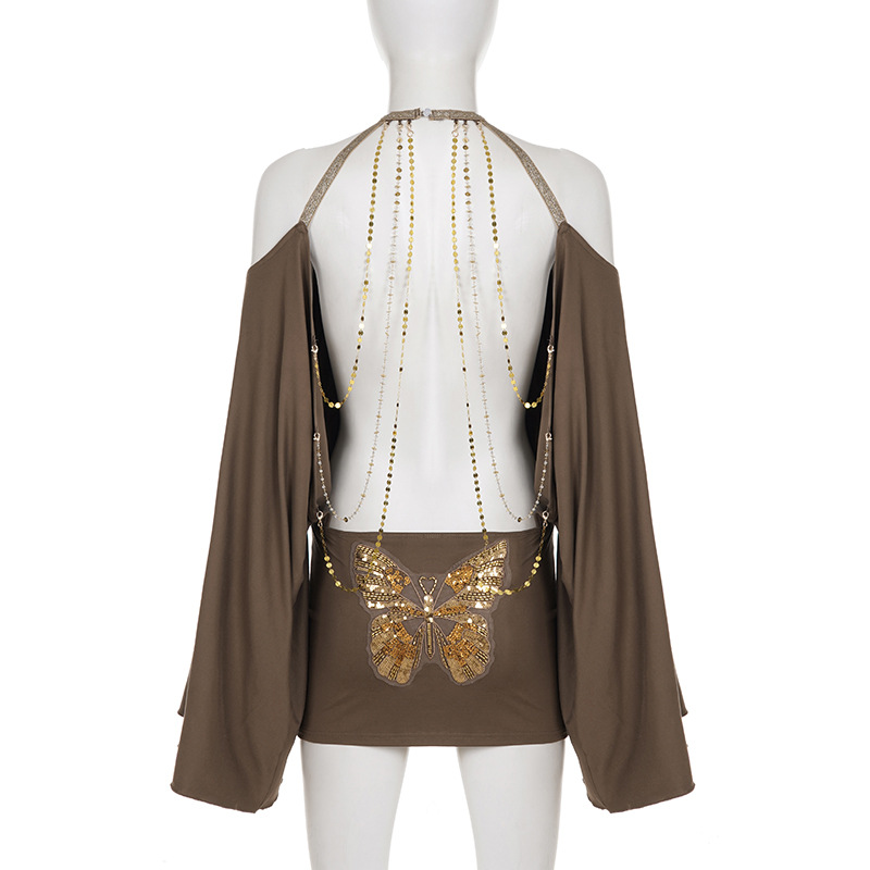 Casual Dresses Fashion Backless Off Shoulder Maxi Dress Cold-Shoulder Drape-Sleeve Chain Decoration Open-Back Skirt Luxury Sexy High-End