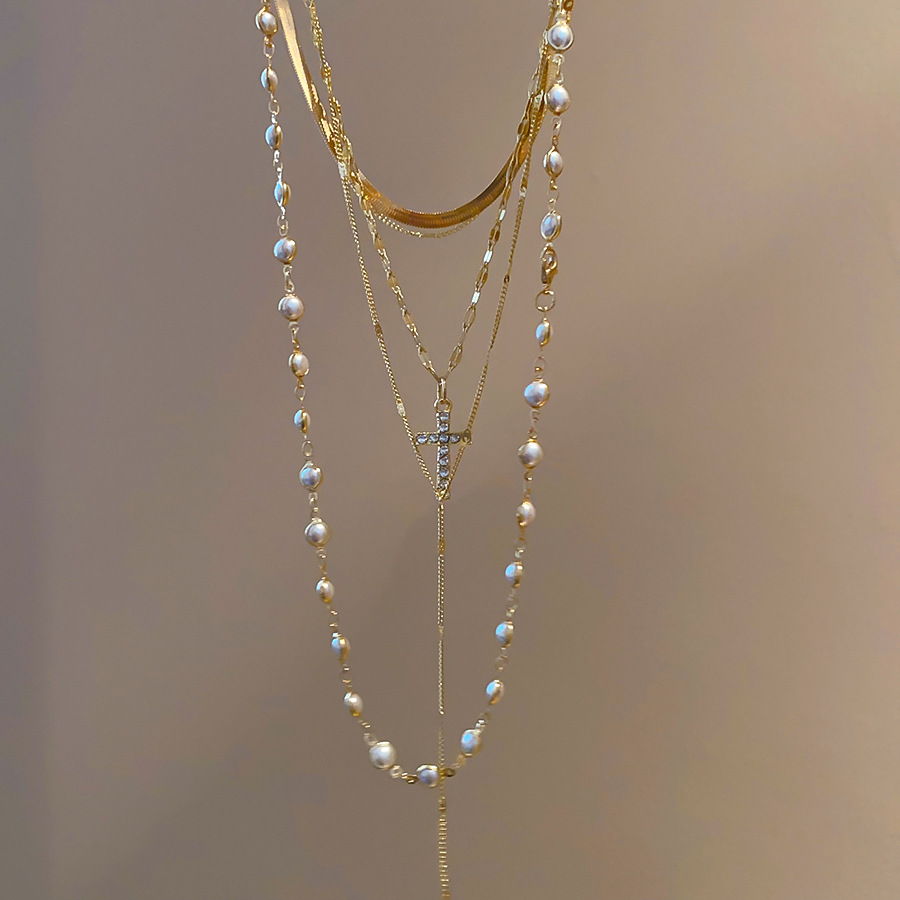 European American cross-border cross pendant multi-layer pearl necklace, unique design, niche clavicle chain, sweet and cool style, versatile choker - view 9