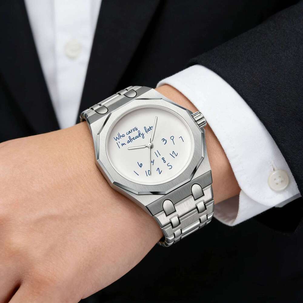 Minimalism Octagon Case Men Stainless Steel Band Waterproof Wristwatch "Who Cares I'm Already Late" Fun Slogan Dial Watch 26Y0610 - view 7