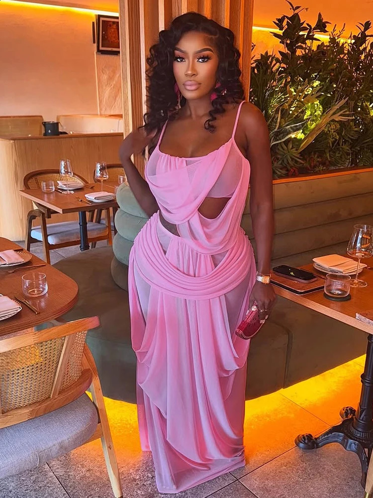 Nibber Sweet Ruched 2 Piece Set Woman LowNeck Backless Camisole TopsElastic Waist Long Skirts Midnight Elegant Party Outfits 260625 - view 4