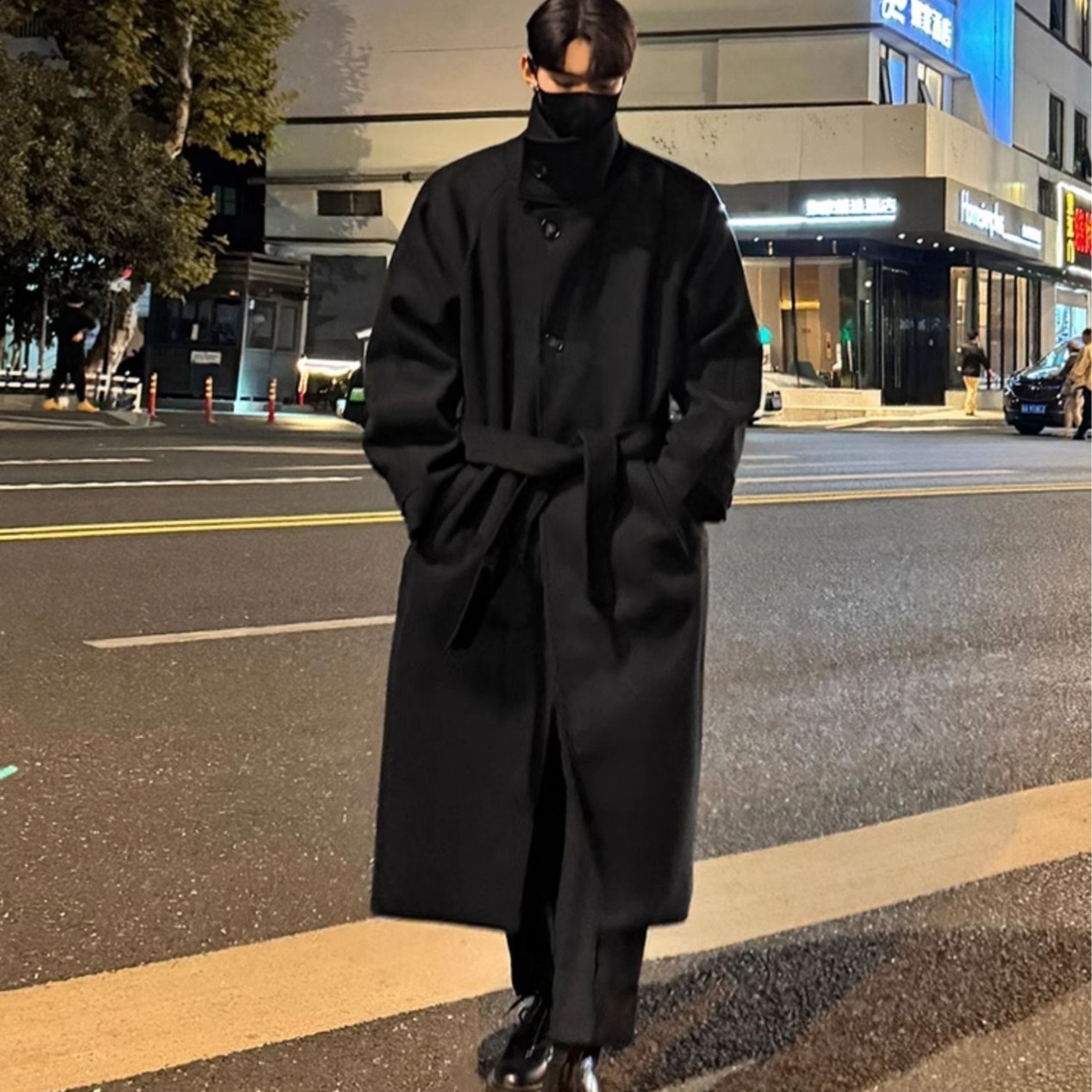 Mens standing collar wool trench coat mens side button casual loose Korean high-end winter thick elegant fashion coat 241211