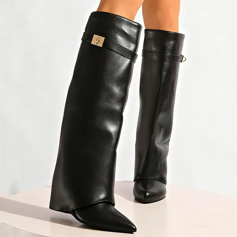 Black Pu Leather Knee High Boots Women Sexy Pointed Toe Straight Leg Boots Woman Punk Style Wedge High Heels Long Botas Mujer 260610 - view 6