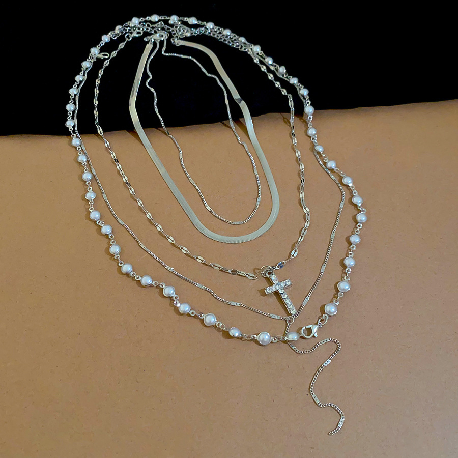 European American cross-border cross pendant multi-layer pearl necklace, unique design, niche clavicle chain, sweet and cool style, versatile choker - view 6