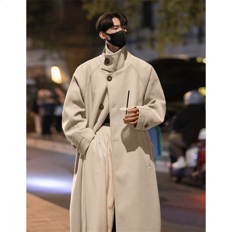 Mens standing collar wool trench coat mens side button casual loose Korean high-end winter thick elegant fashion coat 241211