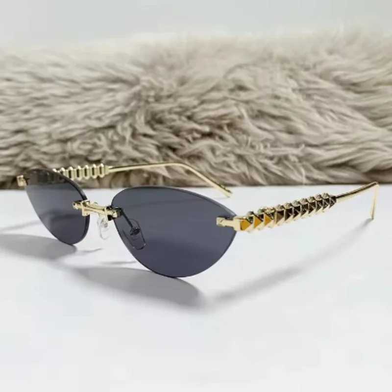 Cat Eye Rivet Rimless Sunglasses Women Luxury Fashion Brand Oval Narrow Sun Glasses Shades Trendy Elegant Unique Eyewear C260609 - view 6