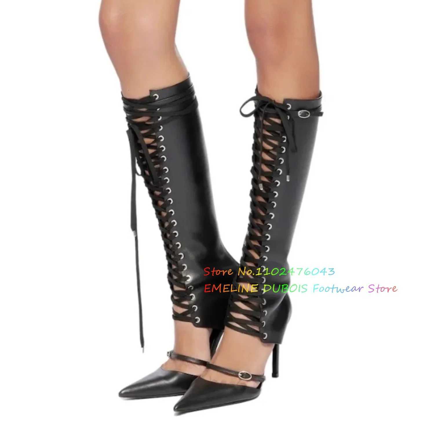 Up Toe Lace White Pointed Knee High Boot Women Summer New Sexy Hollow Strap Stiletto Heel Front Cross Tied Sandals H260609 - view 4