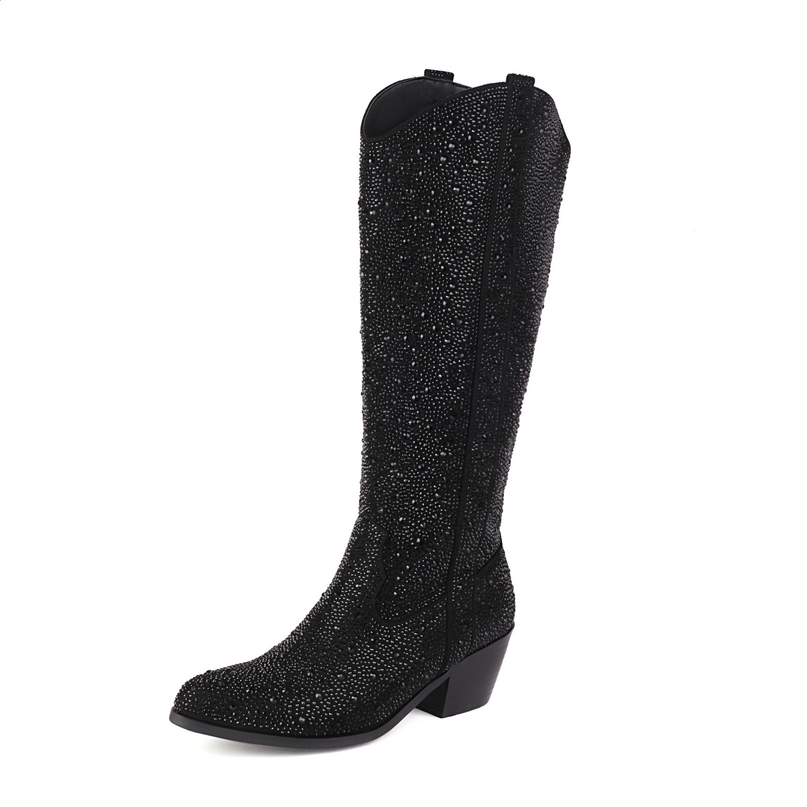 Embroidered Rivet Knee Boots 43 Rhinestone Pointy Women Boots Leather Car Stitching Chelsea Boot Fashion Show Shiny Boots 231225