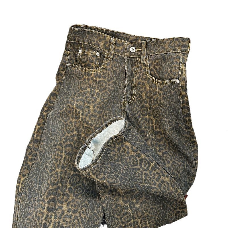 Men Designer Jeans American Retro Leopard Print Wide Leg Jeans Streetwear Loose Straight Denim Pants Casual Trousers Men's High-Quality Trousers - view 6