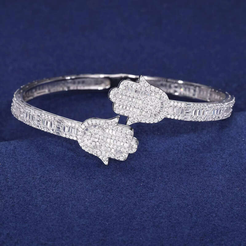 Luxurious Hip-Hop Inspired Cuff Bracelet - Elegant Hamsa Design & Sparkling VVS Baguette Moissanites
