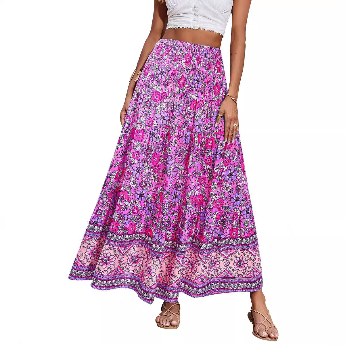 Fashion Women Beach Bohemian Pink Floral Print Skirt High Elastic Waist A-Line Boho Rayon Maxi Skirts Femme 240806