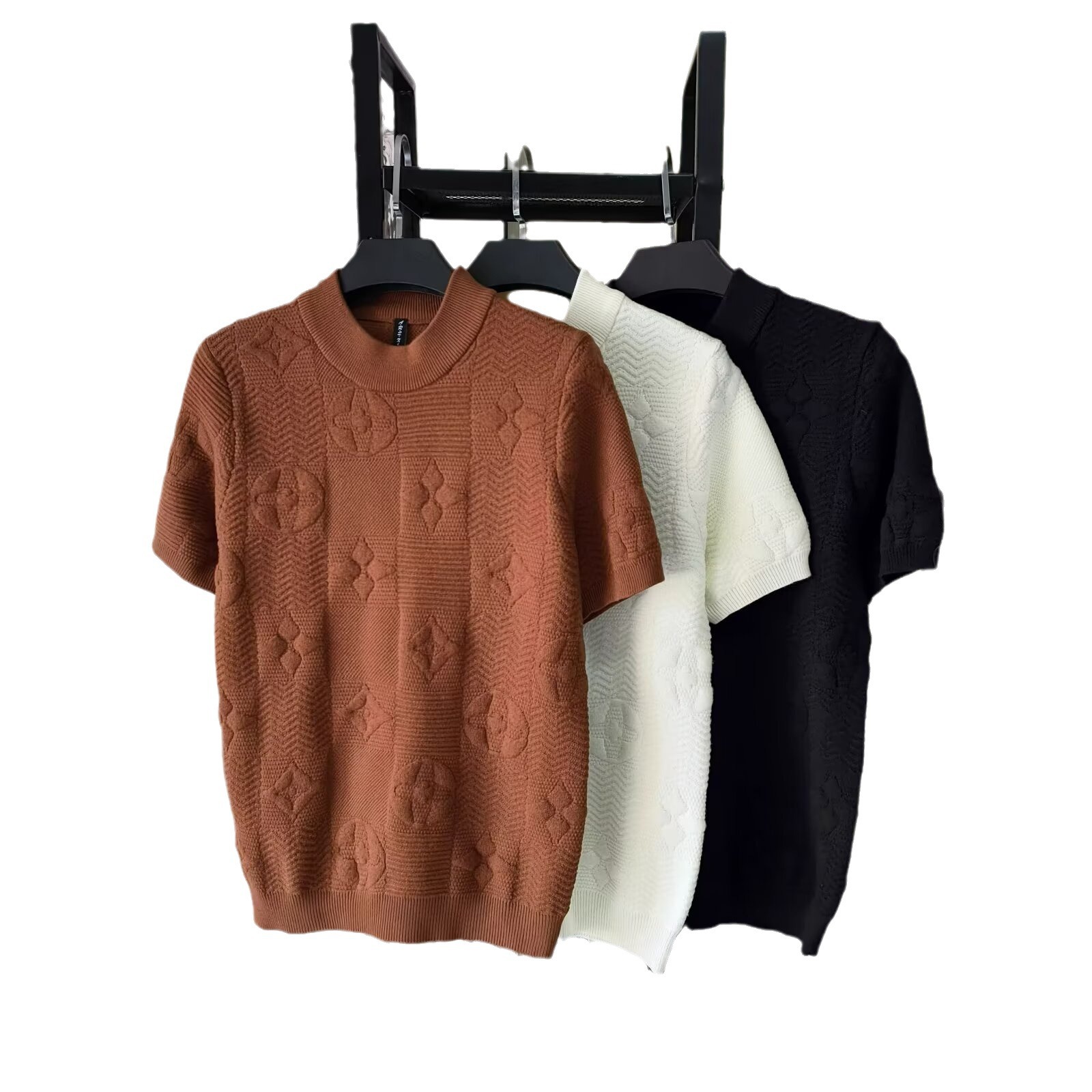 Men'S Summer Round Neck Slim Jacquard Half Sleeve Knit Solid Color Jacket