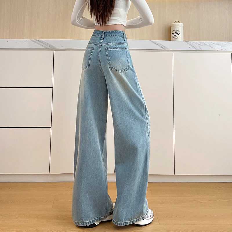 Waist High 2026 Wide New Leg Jeans For Women Vintage Wash Denim Pants with Rhinestone Side Straight Leg Baggy Trousers Casual M260609 - view 6