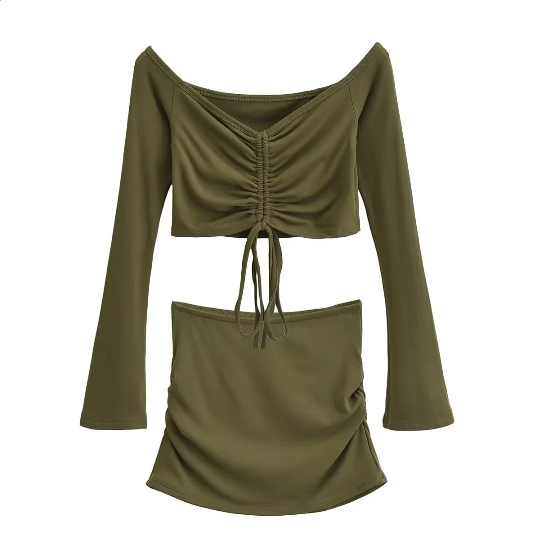 Hugcitar Women Matching 2 Piece Set Long Sleeve Drawstring Ruched Crop Top Mini Skirt Suit Co Ords Outfits Bodycon Sexy Party 250519