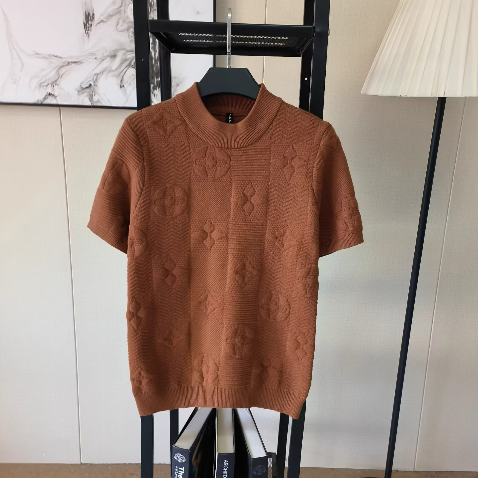 Men'S Summer Round Neck Slim Jacquard Half Sleeve Knit Solid Color Jacket