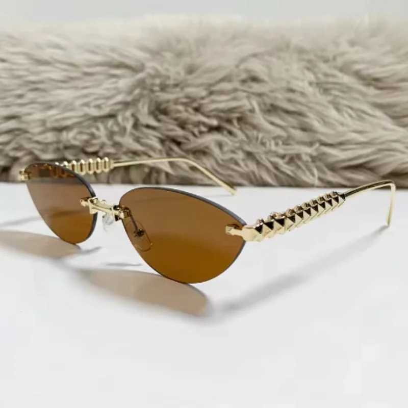 Cat Eye Rivet Rimless Sunglasses Women Luxury Fashion Brand Oval Narrow Sun Glasses Shades Trendy Elegant Unique Eyewear C260609 - view 7