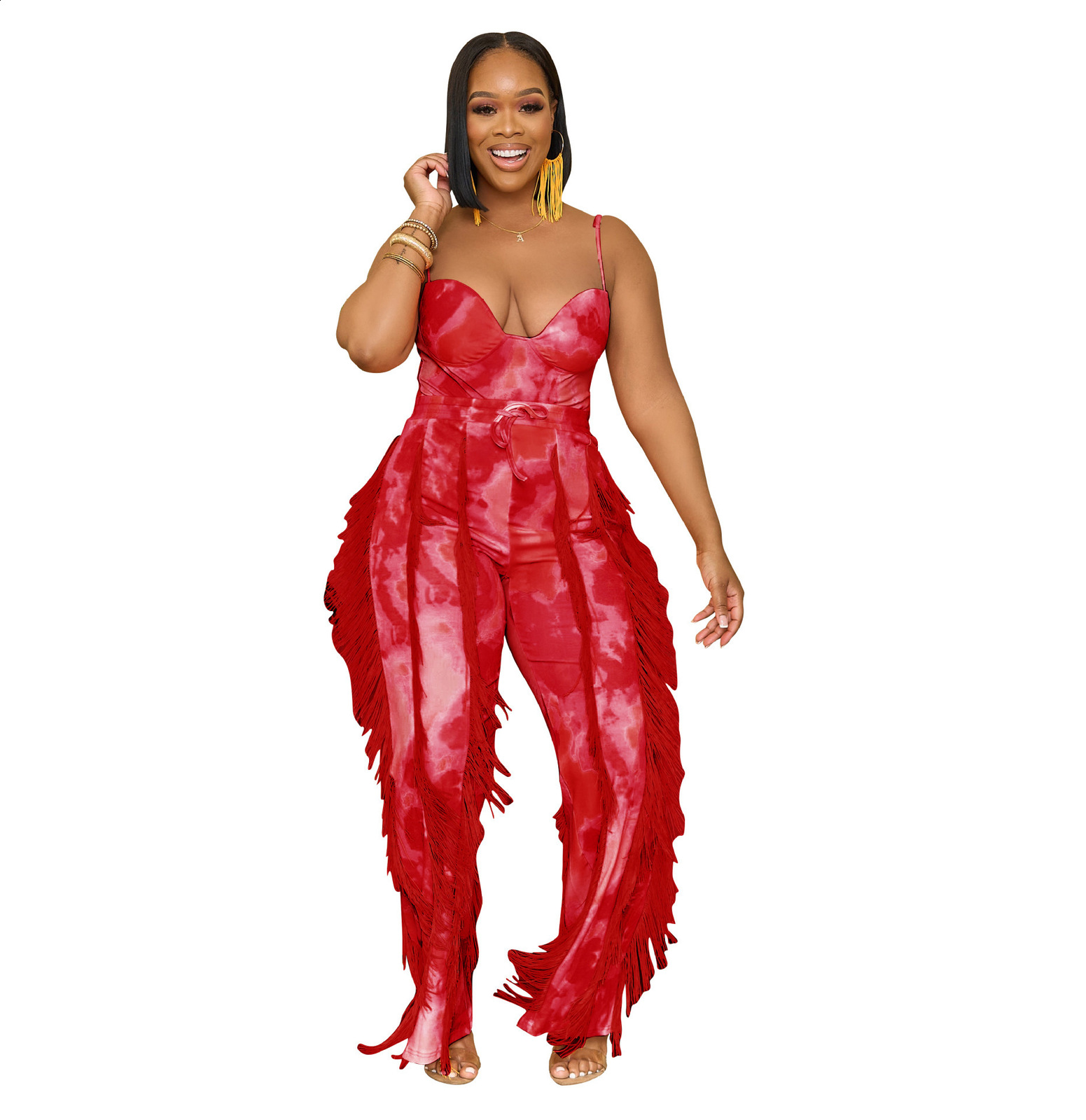 AL247 Womens Outfit Printed Tassel Lace Strap Jumpsuit Two-Piece Set with Slight Flare 241007
