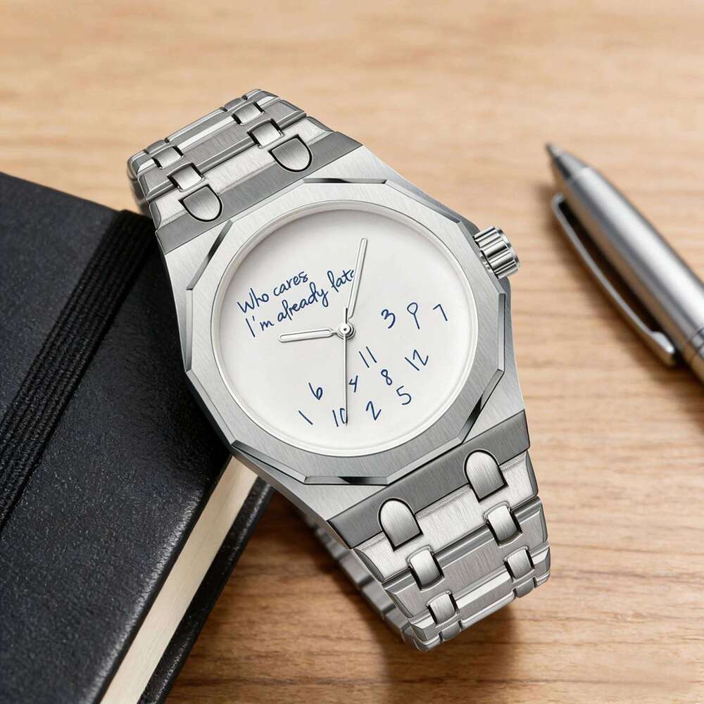 Minimalism Octagon Case Men Stainless Steel Band Waterproof Wristwatch "Who Cares I'm Already Late" Fun Slogan Dial Watch 26Y0610 - view 6