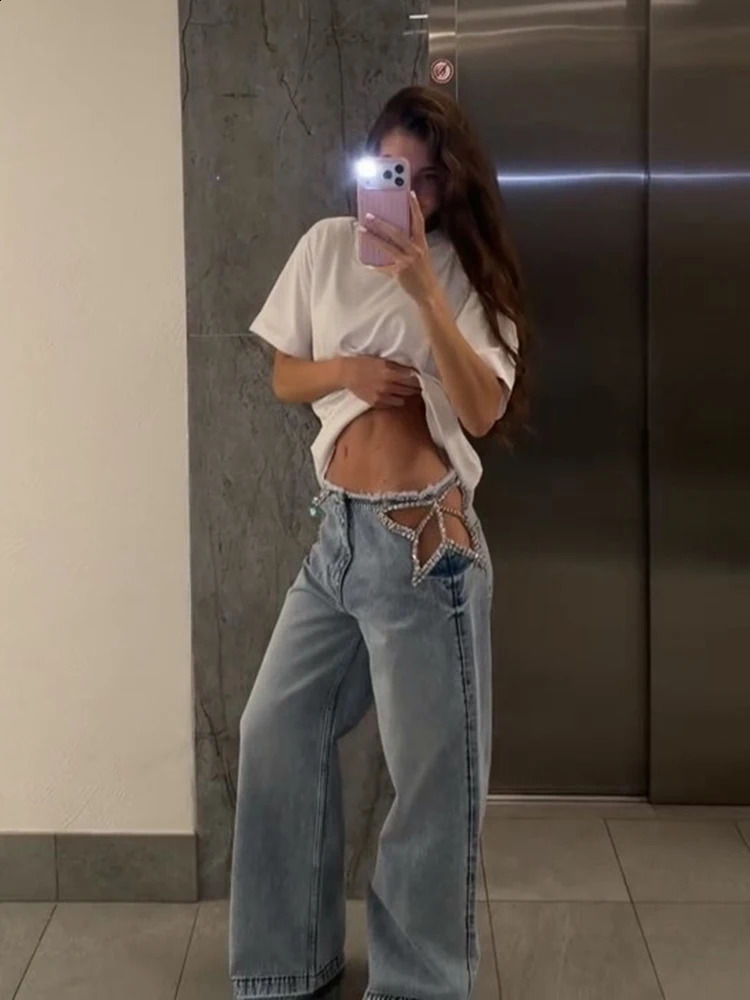 Chic Rhinestone Fringed Hollow Jeans Women Low Waist Wide Legs All-matching Denim Pants Female 2026 Spring Summer Lady Bottoms 260610