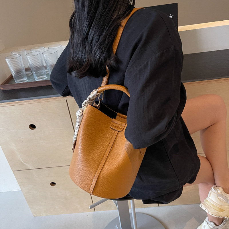 Brown Faux Leather Bucket Bag With Top Handle And Detachable Strap Includes Silk Scarf Accent - view 5