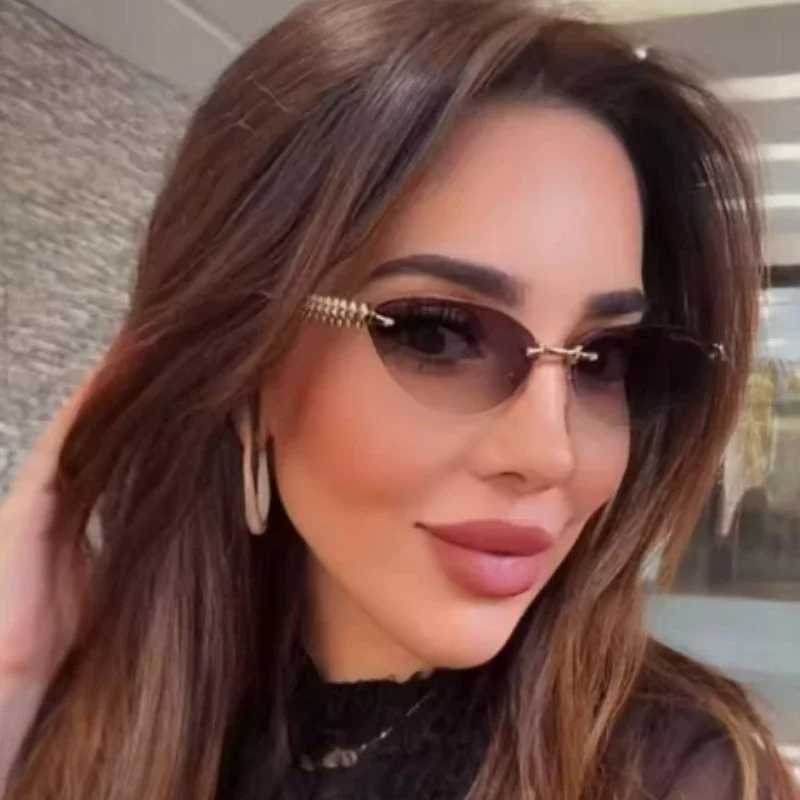 Cat Eye Rivet Rimless Sunglasses Women Luxury Fashion Brand Oval Narrow Sun Glasses Shades Trendy Elegant Unique Eyewear C260609 - view 3
