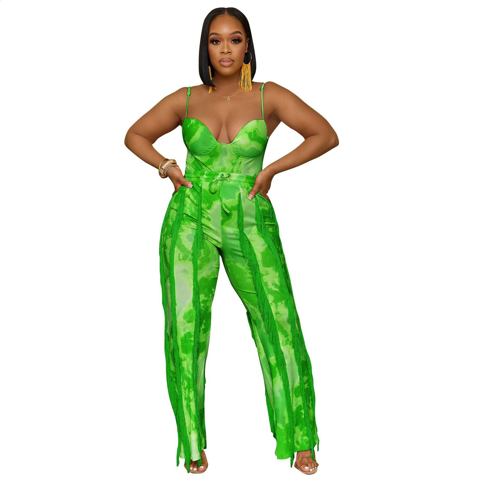 AL247 Womens Outfit Printed Tassel Lace Strap Jumpsuit Two-Piece Set with Slight Flare 241007